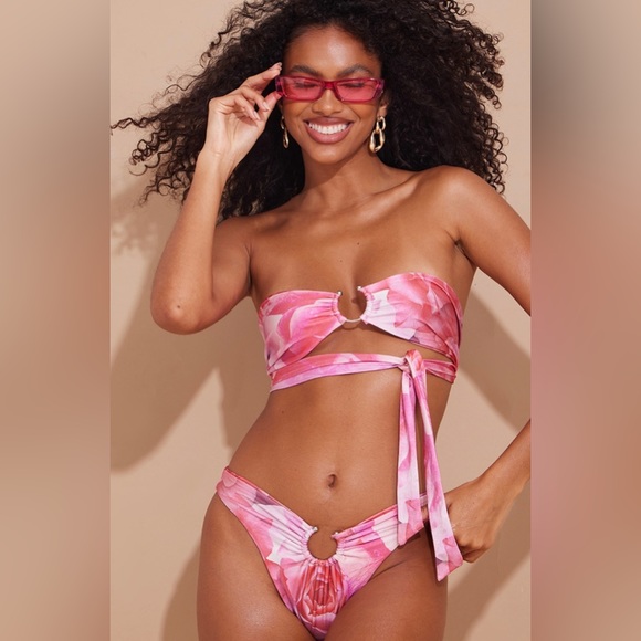 PrettyLittleThing Other - Pink Rose Thong Bikini 2 piece Bandeau Top XS